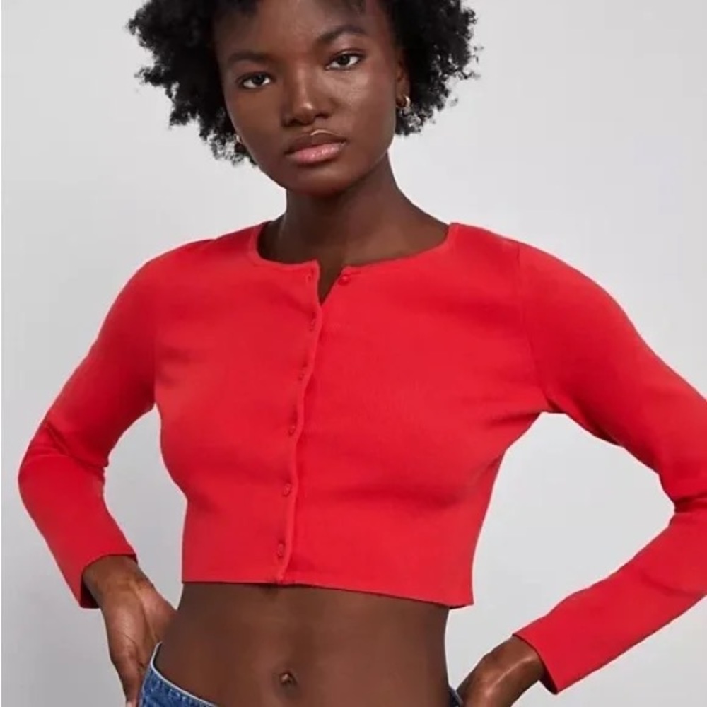 Aritzia Sunday Best Izzy Cropped Button-Front Cardigan Cherry Red xa
